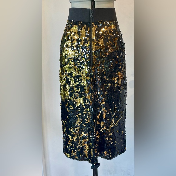 Milly Sequin Midi Skirt, stretch w/ waist band, zip, EUC, black/gold, sz8 - Picture 5 of 11